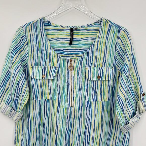 Cathy tunic M petite linen blend short tab sleeve zip front stripe beach resort - Picture 2 of 11